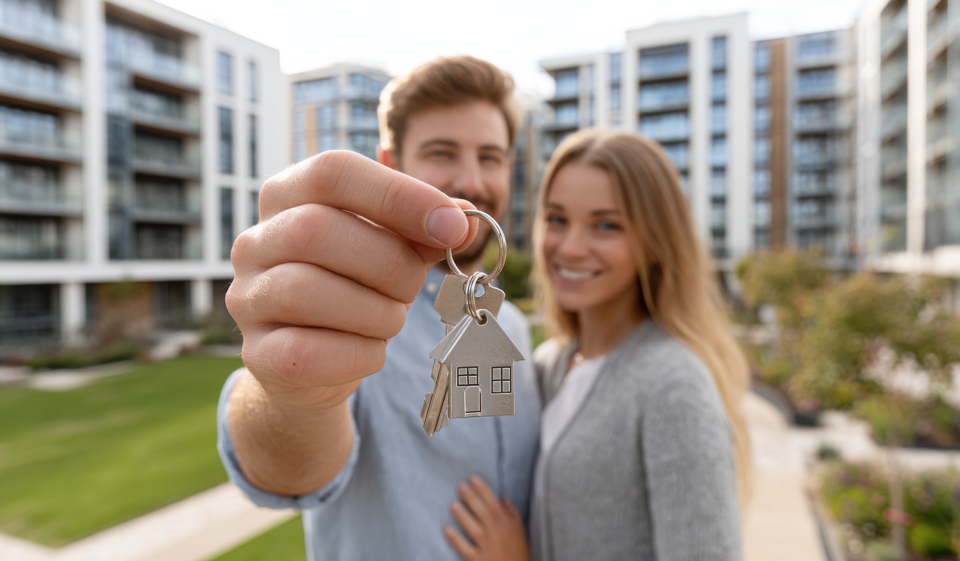 Happy couple holding keys to their new home